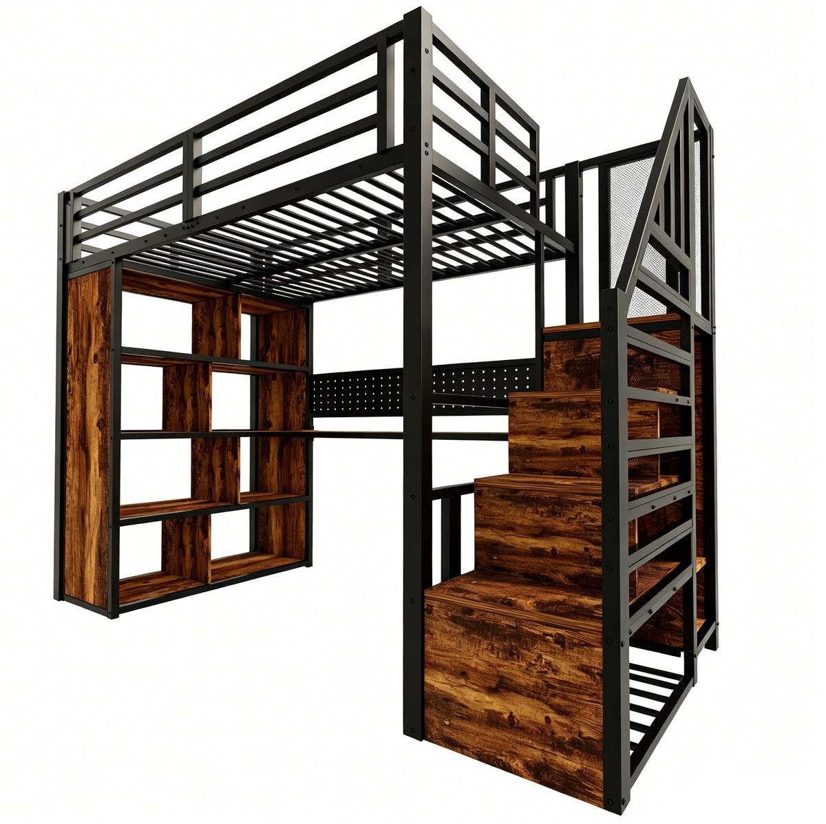 HOCHBETT aus Metall 90x200 cm Schwarz mit Stauraumtreppe, Schreibtisch, Kleiderschrank und LED-Beleuchtung - Schwarz, Metall (90/200cm) - IVMEU
