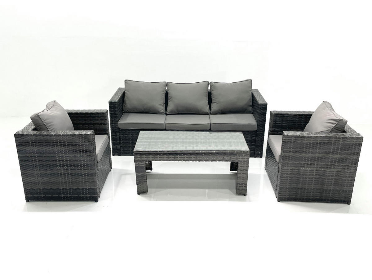 GARTENMÖBEL-SET COUCHTISCH SESSEL SOFA mit HOCKER Polyrattan Dunkelgrau Gemischt 5-Sitzer - Dunkelgrau/Grau, Glas/Kunststoff - Fimous