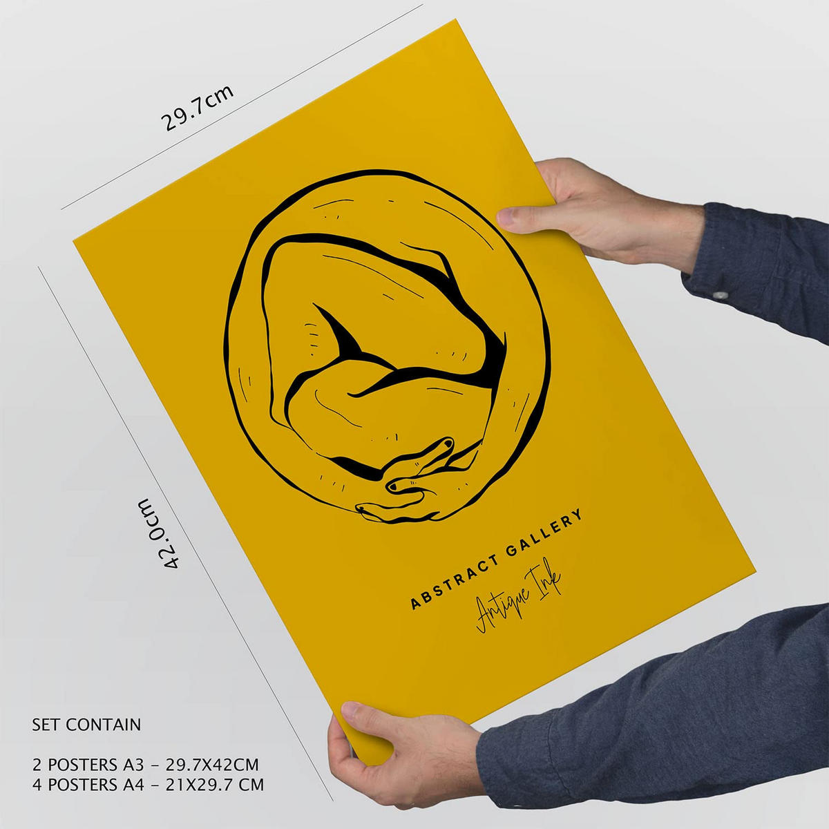 POSTER Set Mit 6 Schwarze Tintenumarmung Größe A3 & A4 Rahmen aus hellem Holz - Beige, Papier (29.7/1cm) - Nacnic