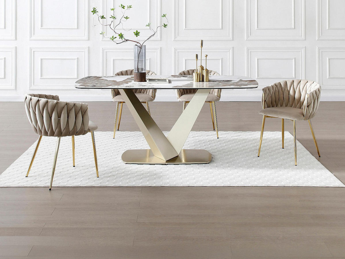 ESSGRUPPE - 6 Personen - Marmor, Glas, Keramik - Beige, Weiß PORELIMA - Beige/Weiß, Glas/Keramik (180/76/90cm) - Vente-Unique