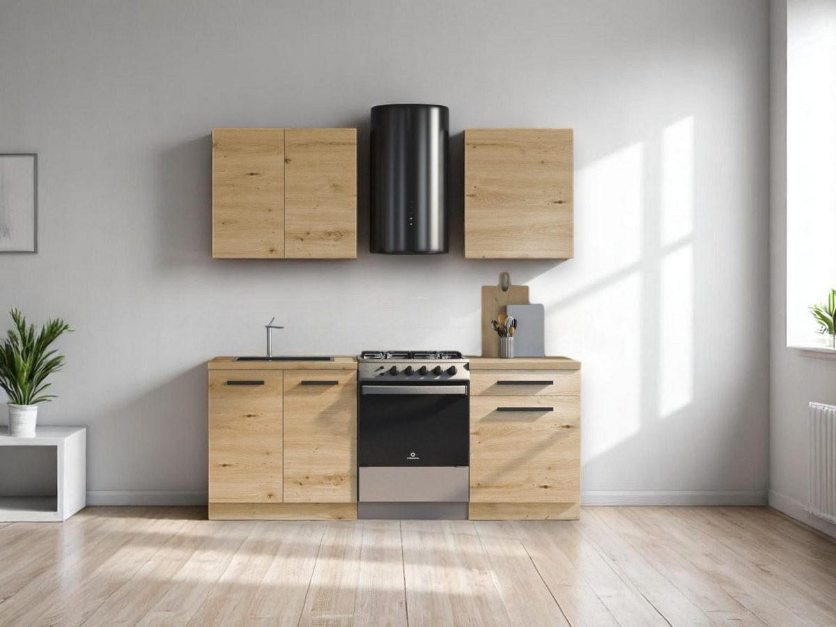 KÜCHENZEILE 140 cm - Langen K13-M140 - in Artisan Eiche - Schwarz/Eiche Artisan, Glas/Holzwerkstoff (140/210/47cm)