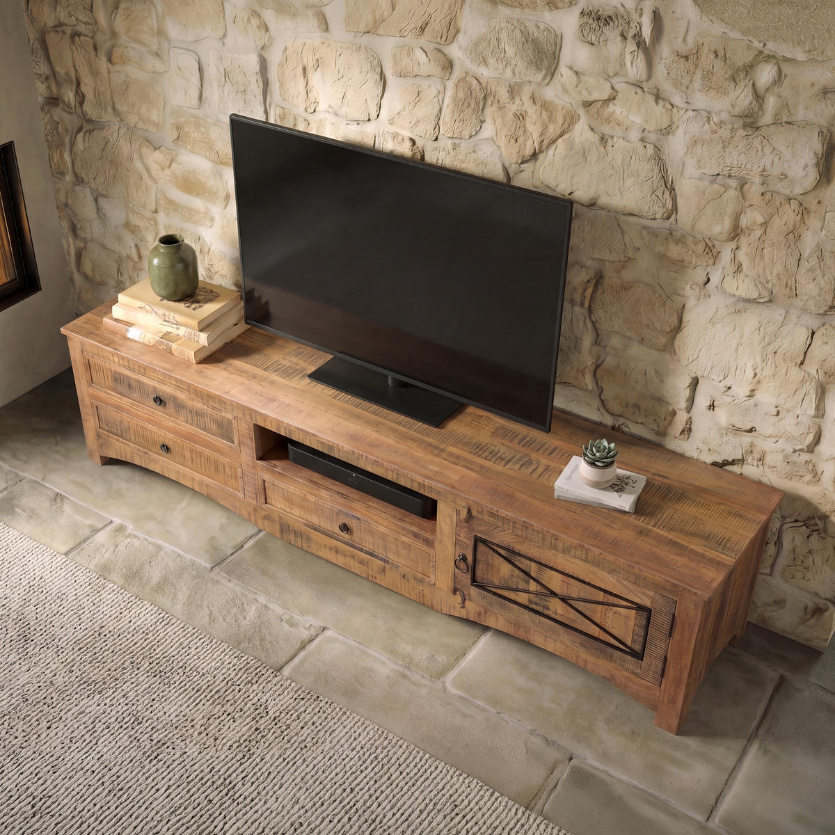 TV-BOARD Akazie 220x40x50 natur versiegelt NATURE OF SPIRIT #244 - Naturfarben, Holz (220/50/40cm) - Massivmoebel24