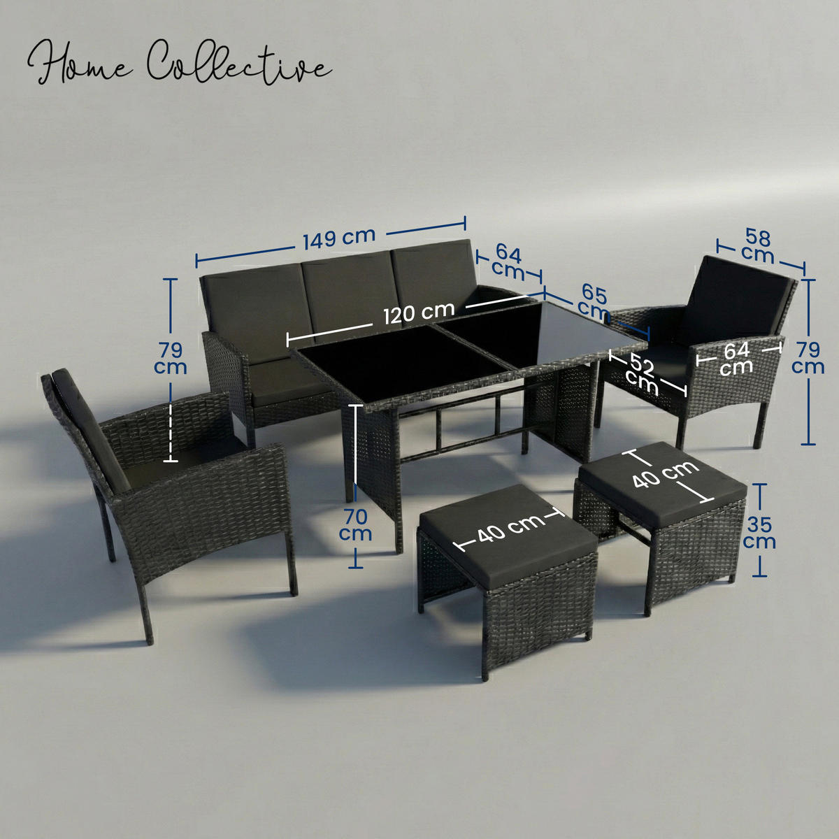GARTENMÖBEL-SET mit 3-Sitzer Sofa, 2 Stühle, 2 Hocker mit schwarze Kissen - Schwarz, Metall - Home Collective