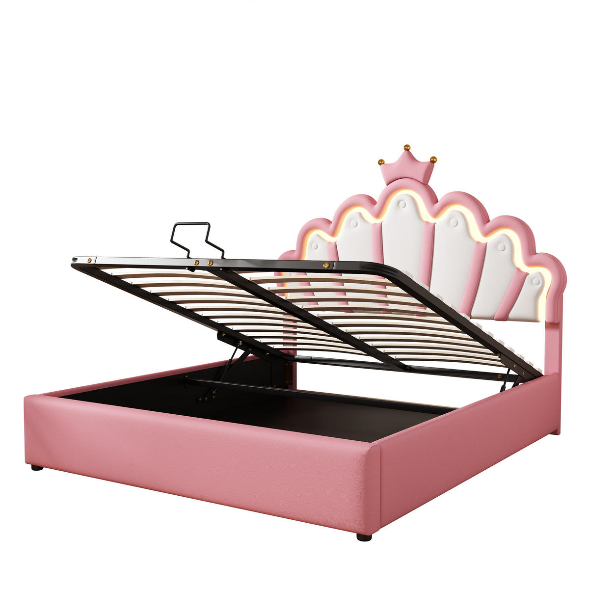 FLACHBETT 140x200cm Rosa Polsterbett Prinzessinnenbett LED Kronenleiste - Pink, Holz (140/200cm) - FLIEKS