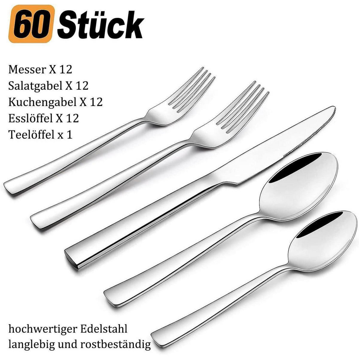 BESTECKSET 60-teilig für 12 Personen Edelstahl Hochglanzpoliert - Silberfarben, Metall