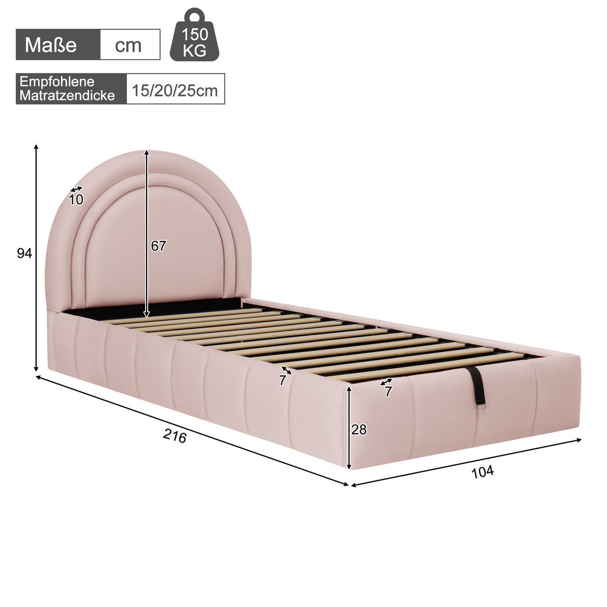 KINDERBETT Rosa Samt 90x200 Hydraulik Stauraum Lattenrost - Pink, Textil (90/200cm) - FLIEKS