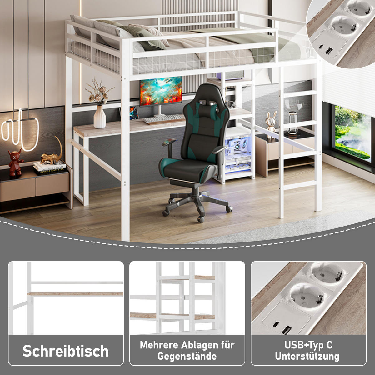 HOCHBETT 140/200 cm Weiß aus Metall mit Schreibtisch und Regalen - Weiß, Metall (140/200cm) - OKMYHOME