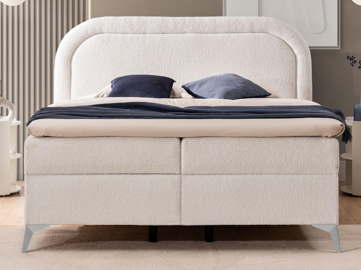 BOXBETT Sonna 160/200 cm Weiß Bouclé-Stoff mit abgerundetem Kopfteil und mit silbernen Metallfüßen - Silberfarben/Weiß, Holz/Textil (160/200cm) - S-Style Möbel