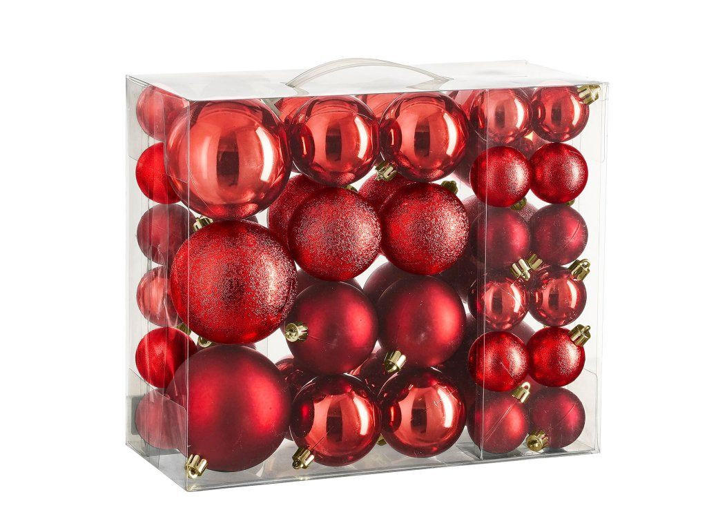 WEIHNACHTSORNAMENTE 46er-Set runde Ornamente rot Mix 4,6,8 cm - Rot, Kunststoff (8/8/8cm) - LAALU
