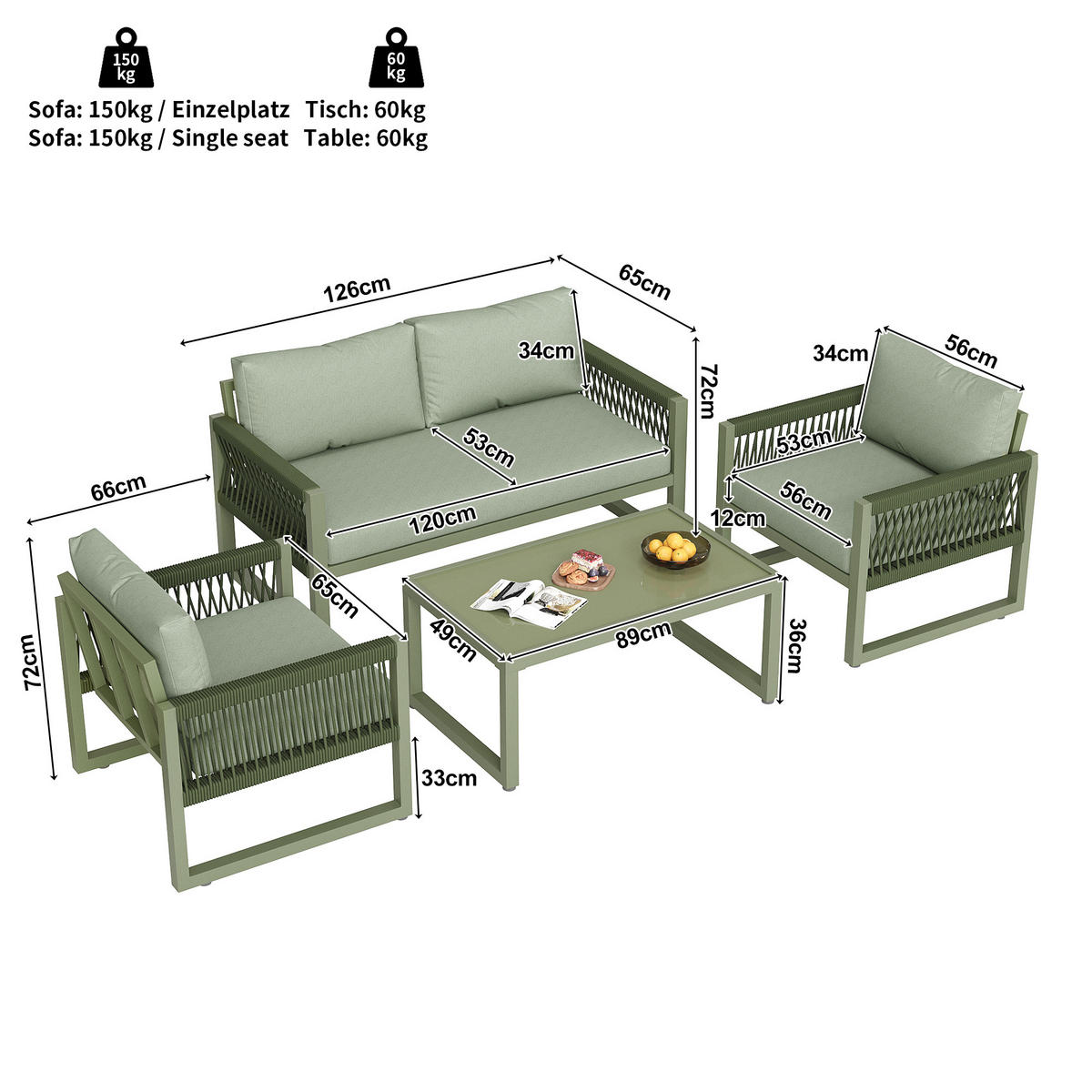 LOUNGESET 4er Seil Grün Mit Verstellbaren Füßen & Glastisch - Grün, Metall - FLIEKS