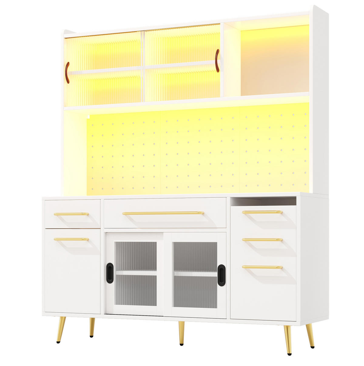 KUCHYŇSKÁ kredenc 145/39/171 cm s LED osvětlením, pegboardem, zásuvkami a posuvnými dvířky, Bílá - bílá, kompozitní dřevo (145/171/39cm) - Redom