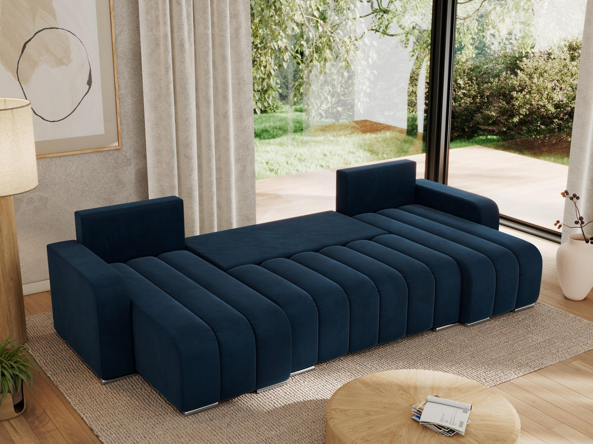 WOHNLANDSCHAFT KIRASSO U Dunkelblau Velvet - Dunkelblau/Grau, Textil/Metall (320/86/147cm) - MKS