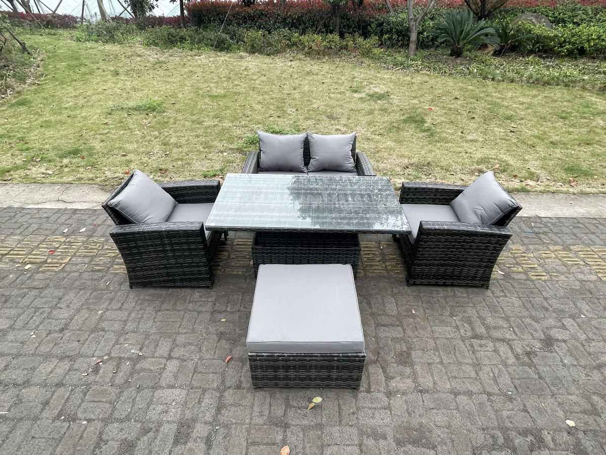 GARTENMÖBEL-SET HÖHENVERSTELLBARER ESSTISCH SESSEL SOFA MIT HOCKER Polyrattan Dunkelgrau Gemischt 5-Sitzer - Dunkelgrau, Metall - Fimous