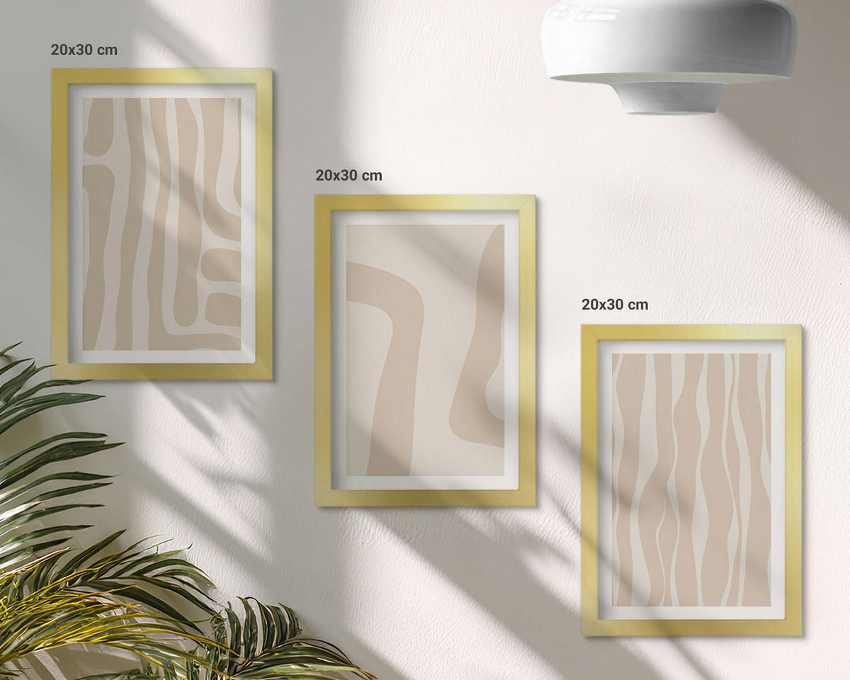 BILDER SET 3er Set - 20x30 cm Goldrahmen - Abstrakte Boho-Muster - Goldfarben, Kunststoff (20/30cm) - TULUP