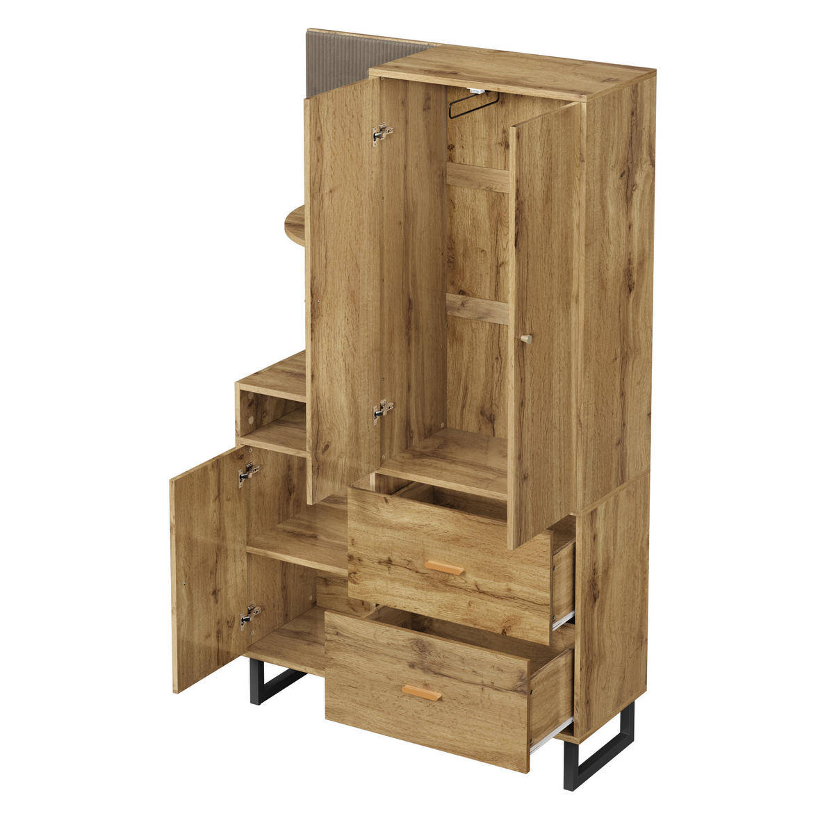 STANDGARDEROBE 110/38/186 cm in Natur/Schwarz mit Kleiderstange und Schubladen - Naturfarben, Holzwerkstoff (110/186/38cm) - BEAOK