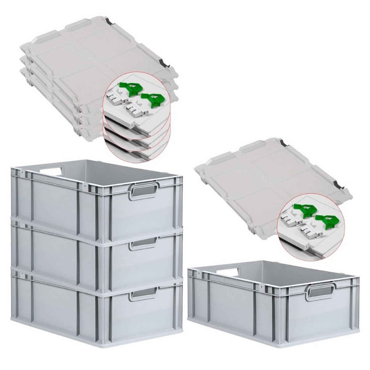 EUROBOX 4x Nextgen Economy Mit Scharnierdeckel Grau/GrünGriffe Offen 44 Liter - Grün, Kunststoff (40/22/60cm) - PROREGAL