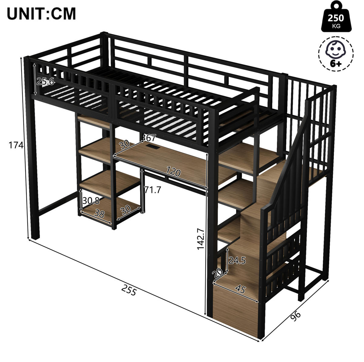 HOCHBETT 90/200 cm Schwarz aus Metall mit Schreibtisch - Schwarz, Metall (90/200cm) - OKMYHOME