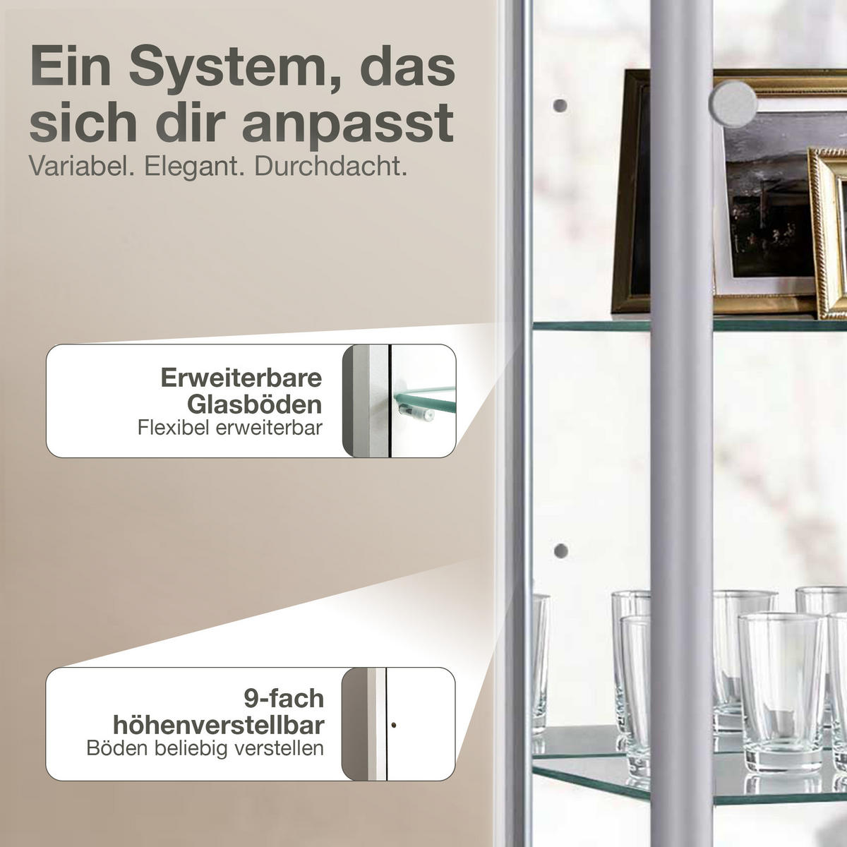 VITRINE 33/67/176 cm mit Spiegel, LED, Schloss & 4 höhenverstellbaren Glasböden - Transparent/Silberfarben, Glas/Holzwerkstoff (67/176/33cm) - K-Möbel