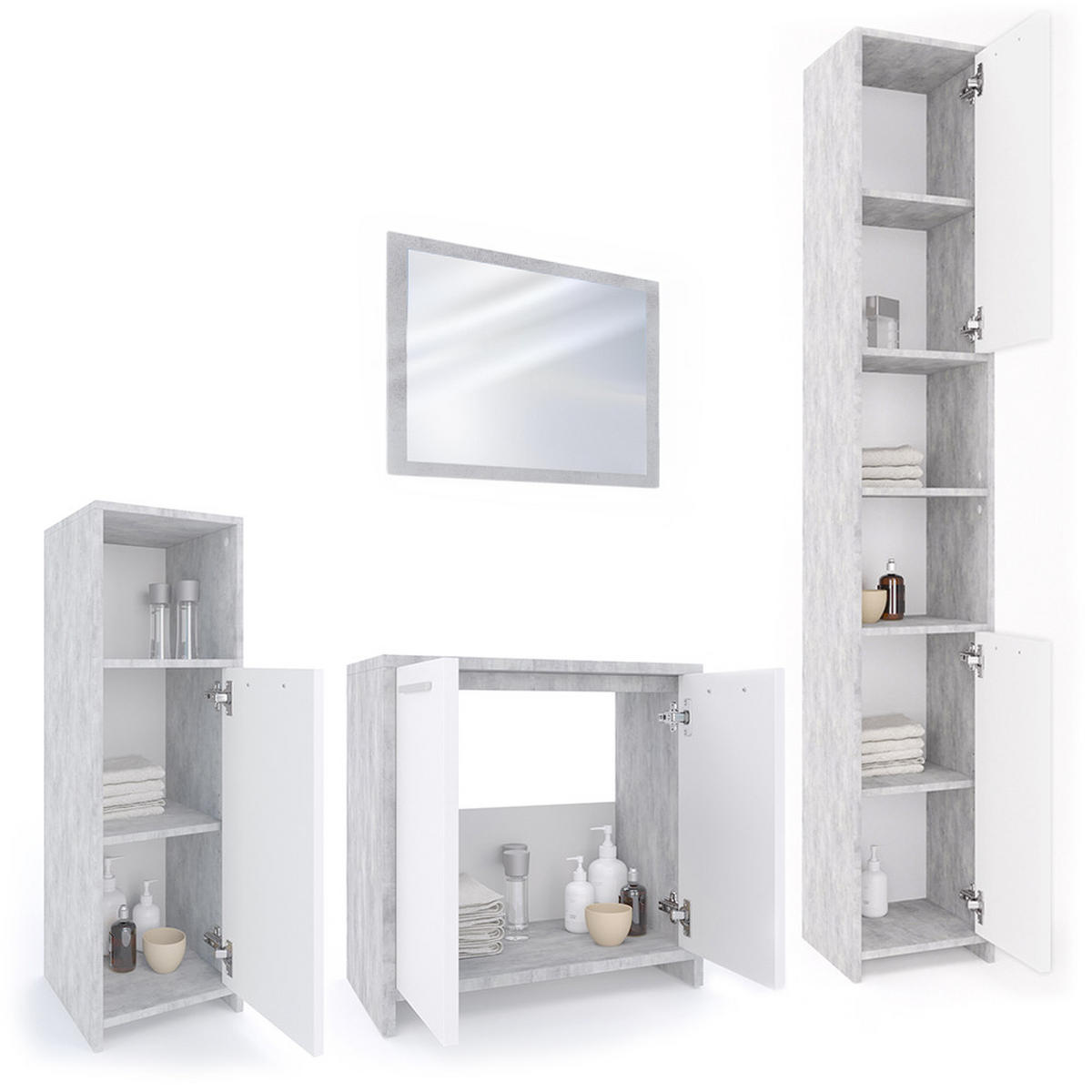 BADMÖBEL-SET Kiko Beton 4 Teile - Weiß/Grau, Holzwerkstoff (58/60/33cm) - Vicco