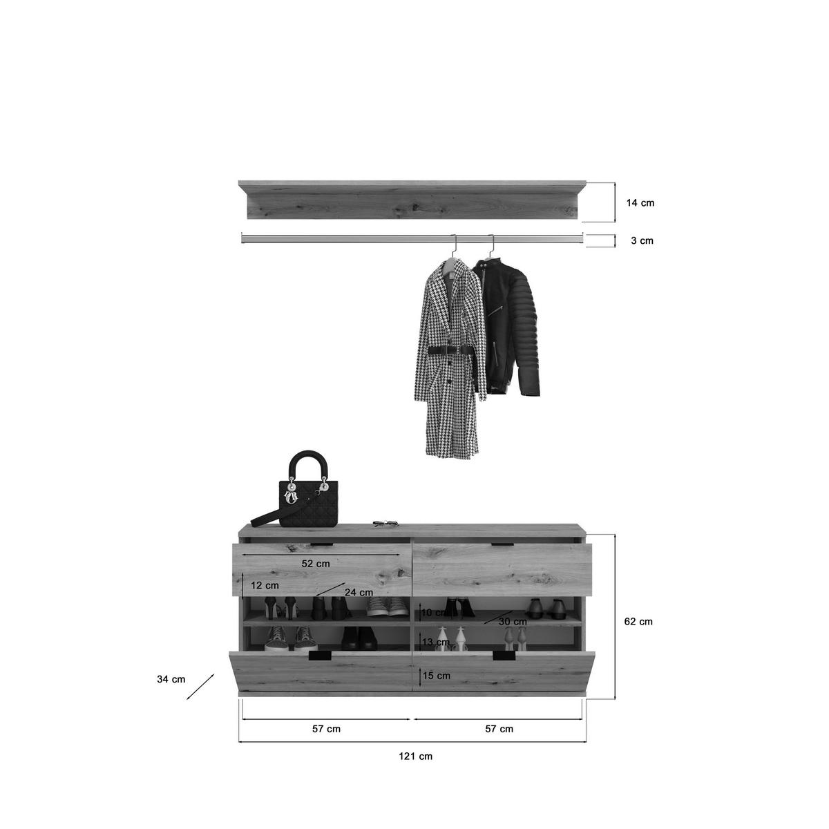 KOMMODE + Garderobenstange Projekt X Garderobe in Artisan Eiche Nachbildung B/H/T: 121x62x34 cm - Eiche Artisan, Holzwerkstoff (121/61/34cm)