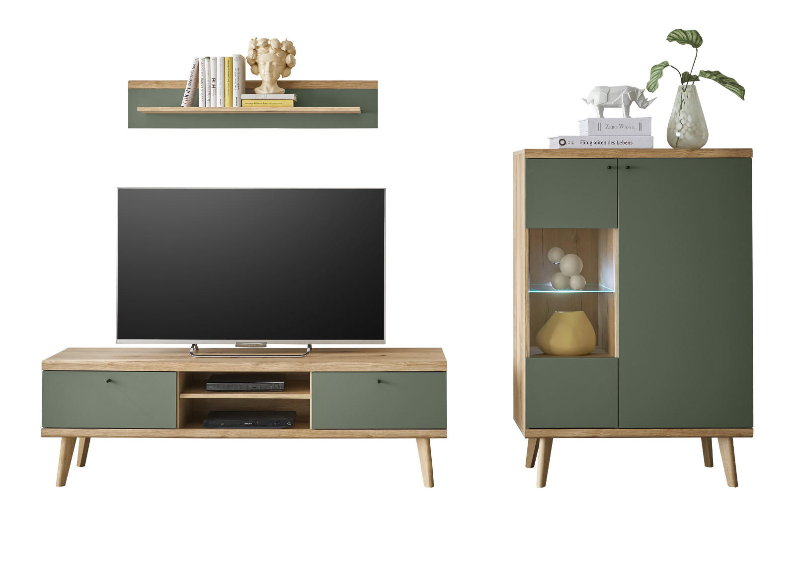 WOHNWAND 3-teilig salbei grün, Eiche Evoke, skandinavisch 260 cm, Schrankwand mit Highboard - Salbeigrün/Eichefarben, Glas/Eichenholz (260/160/40cm) - Furn.Design