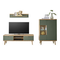 WOHNWAND 3-teilig salbei grün, Eiche Evoke, skandinavisch 260 cm, Schrankwand mit Highboard - Salbeigrün/Eichefarben, Glas/Eichenholz (260/160/40cm) - Furn.Design