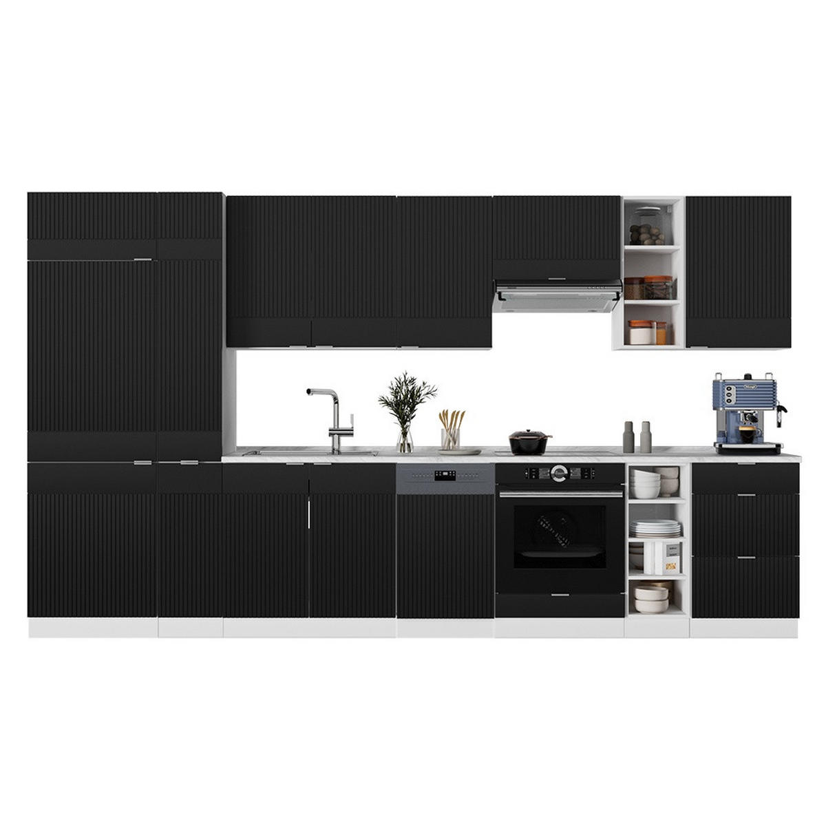 KUHINJSKI BLOK Fame-Line Crna Prugasta/Bijelo 355 cm , RP Hrast - bijela/crna, drvni materijal (355/206.8/60cm) - Vicco