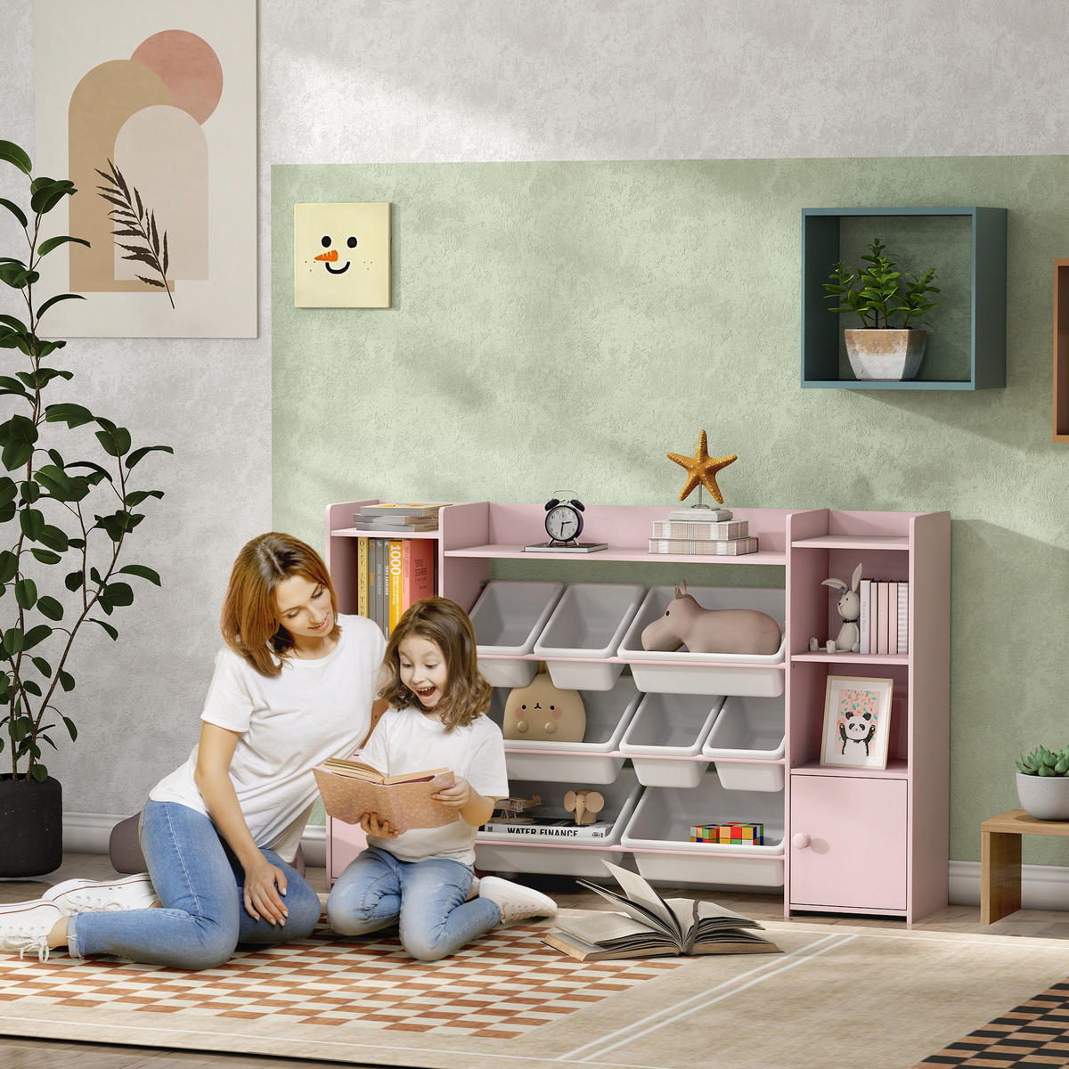 KINDERREGAL, Spielzeugregal mit 8 herausnehmbaren Aufbewahrungsboxen, Rosa - Rosa/Weiß, Holzwerkstoff/Kunststoff (30/90/140cm) - AIYAPLAY