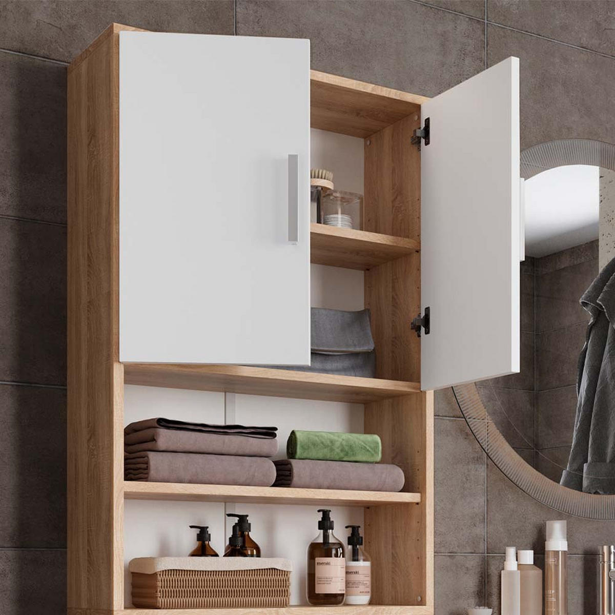 TOILETTENSCHRANK Sonoma/Weiß 64 x 190 cm mit 2 Türen - Weiß/Sonoma Eiche, Holzwerkstoff (64/190/26cm) - Vicco