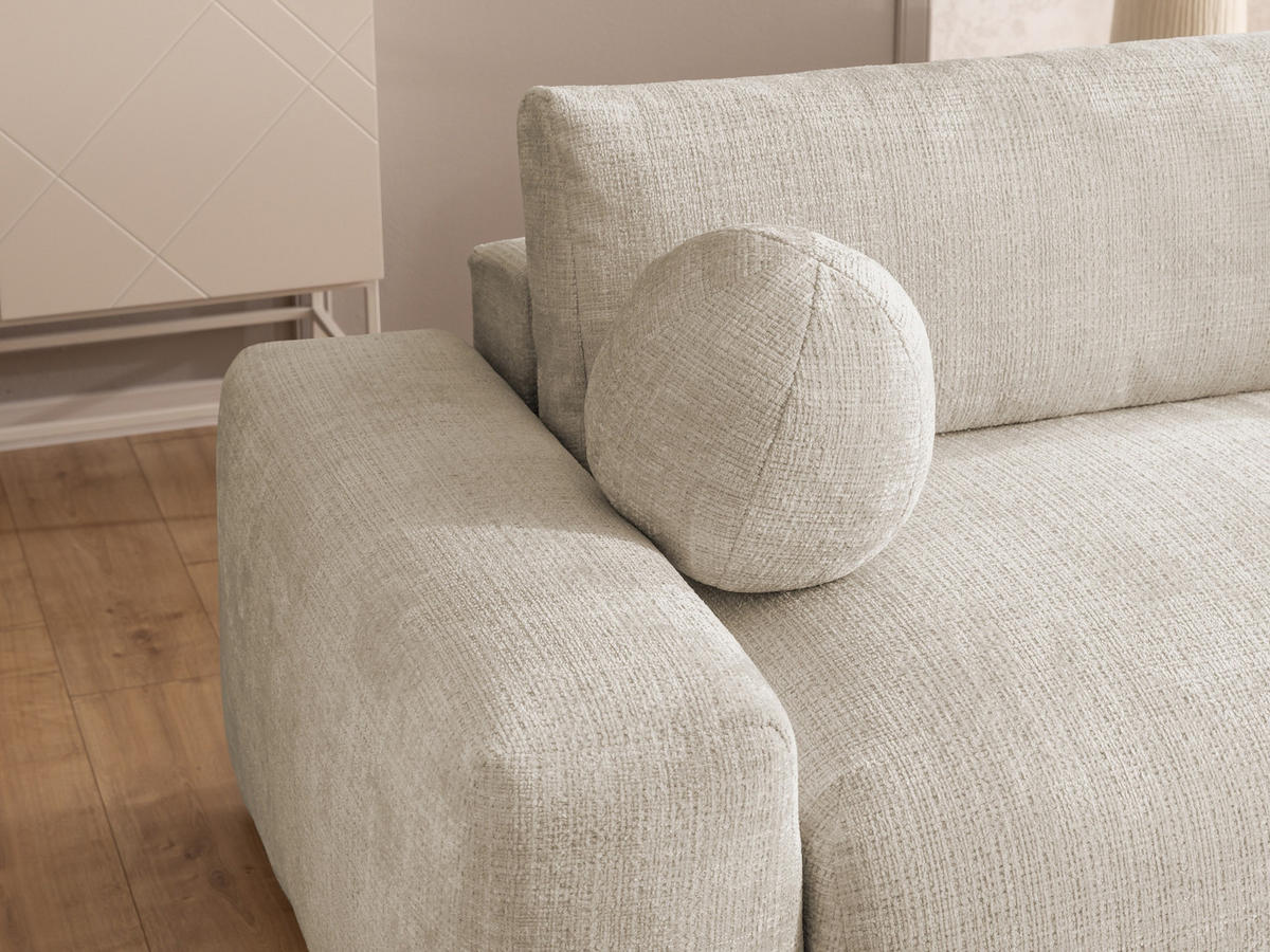 ECKSOFA Puffy mit Schlaffunktion und Bettkasten - besonders weich und puffig aus Beige Chenille-Stoff - Ottomane rechts - Beige/Creme, Holz/Kunststoff (266/138cm) - S-Style Möbel