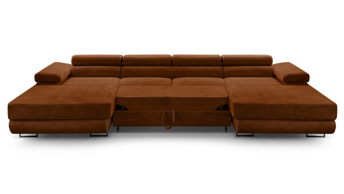 WOHNLANDSCHAFT Arborio Ziegelrot 352/202/90 cm mit Schlaffunktion - Schwarz/Orange, Textil/Metall (352/90/202cm) - AX Living