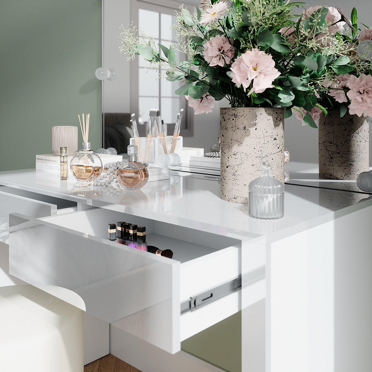 SCHMINKTISCH Annabelle Weiß Hochglanz/Weiß 110 cm mit LED-Beleuchtung und Hocker - Weiß Hochglanz/Weiß, Holzwerkstoff (110/75.5/50cm) - Vicco