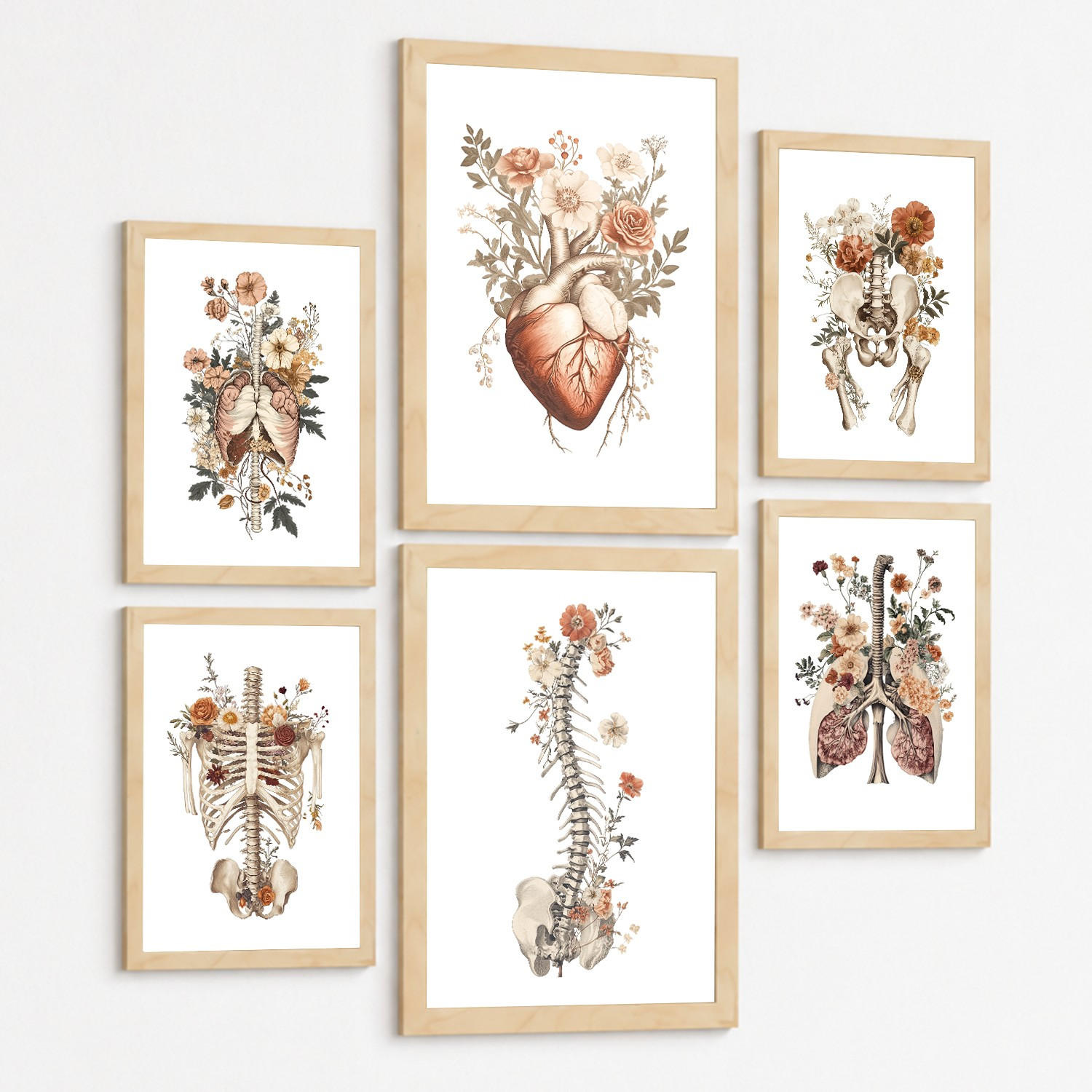 POSTER Set aus 6 Anatomie Mensch Florale Aquarell Drucke und mit Gehirn Lungen Skelett Nieren und Organen Botanische Größe Rahmenlos A3 & A4 - Klar, Papier (21/29.7/3cm) - Nacnic