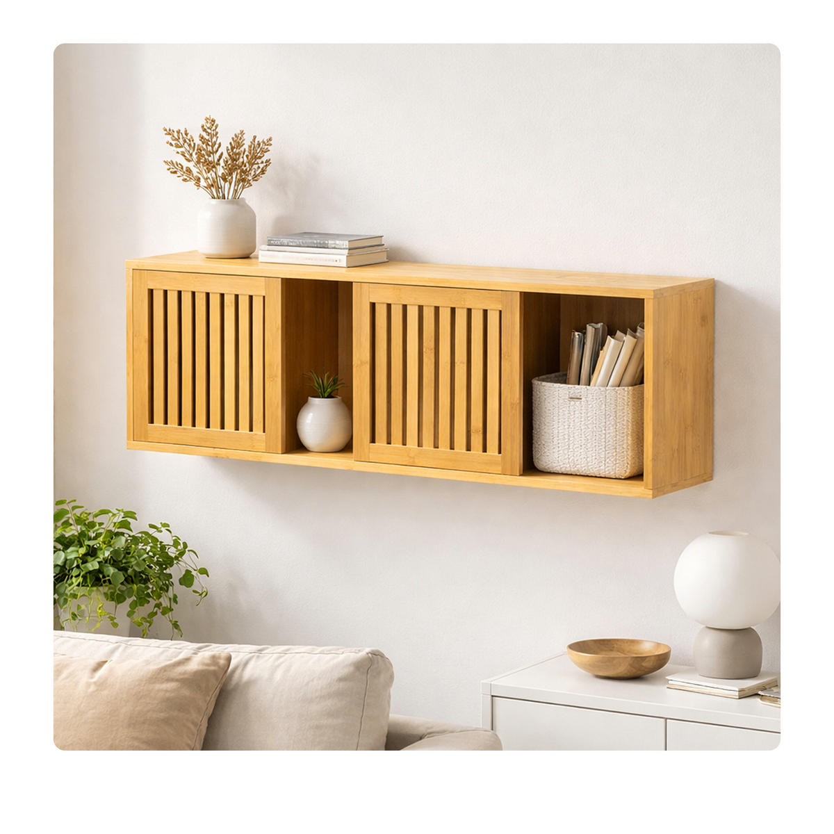WANDREGAL Natur Bambus 2-Schiebetüren 92,5 cm - Hellbraun, Holz (92.5/33/20cm) - Relaxdays