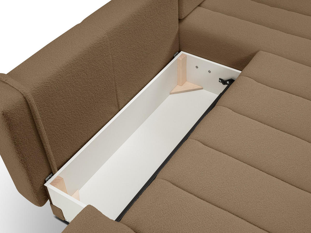 ECKSOFA GIOIA R-S Braun Boucle-Stoff mit Schlaffunktion - Braun, Holz (276/176cm) - MASSENO