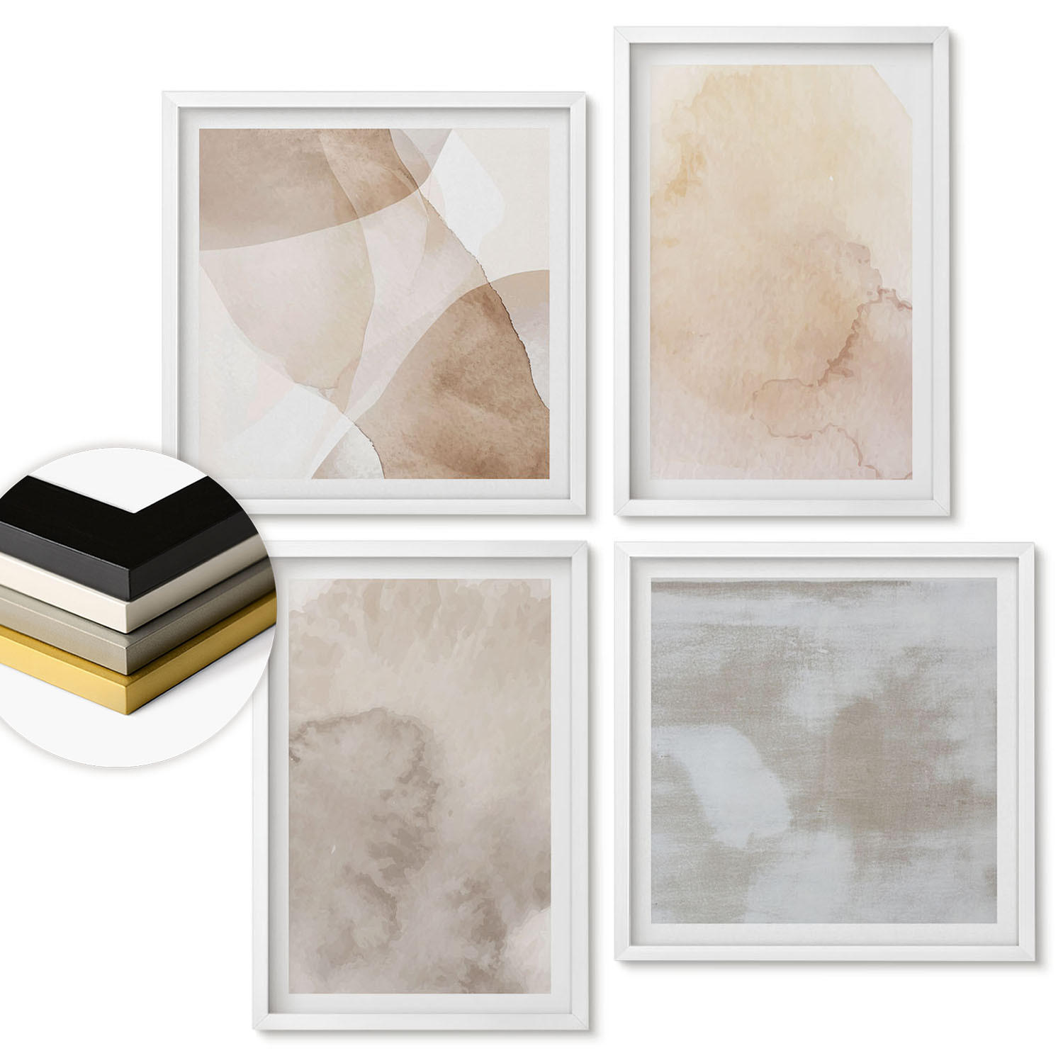 WANDBILDER 4er-Set - 50x50 cm & 40x60 cm Weißer Rahmen - Warme Aquarell-Pastelltexturen - Weiß, Kunststoff (50/50cm) - ArtPrintCave