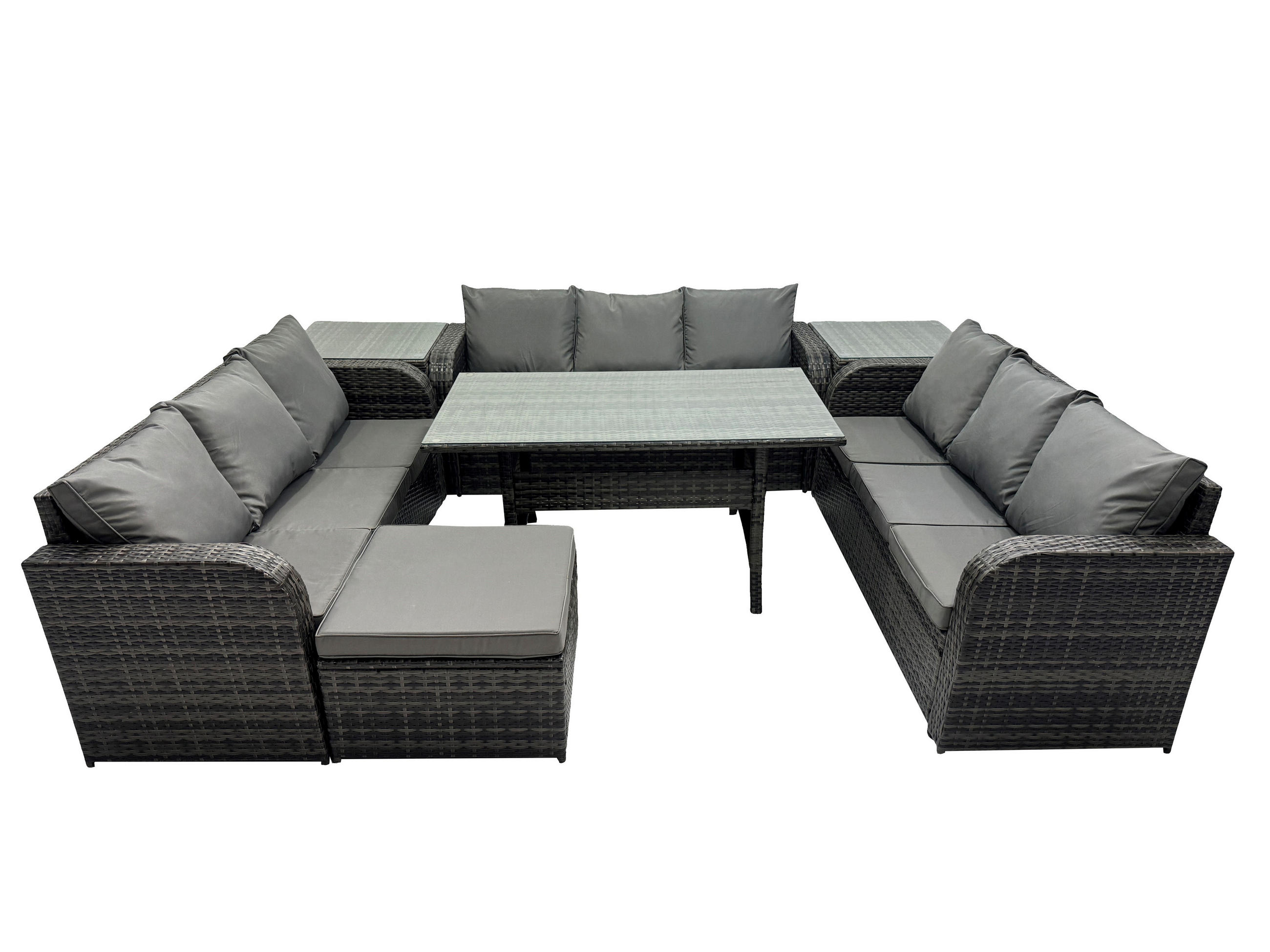 GARTENTISCHGRUPPE mit 2 Beistelltisch Hocker Polyrattan Dunkelgrau 10-Sitzer - Dunkelgrau/Grau, Glas/Kunststoff - Fimous