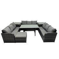 GARTENTISCHGRUPPE mit 2 Beistelltisch Hocker Polyrattan Dunkelgrau 10-Sitzer - Dunkelgrau/Grau, Glas/Kunststoff - Fimous