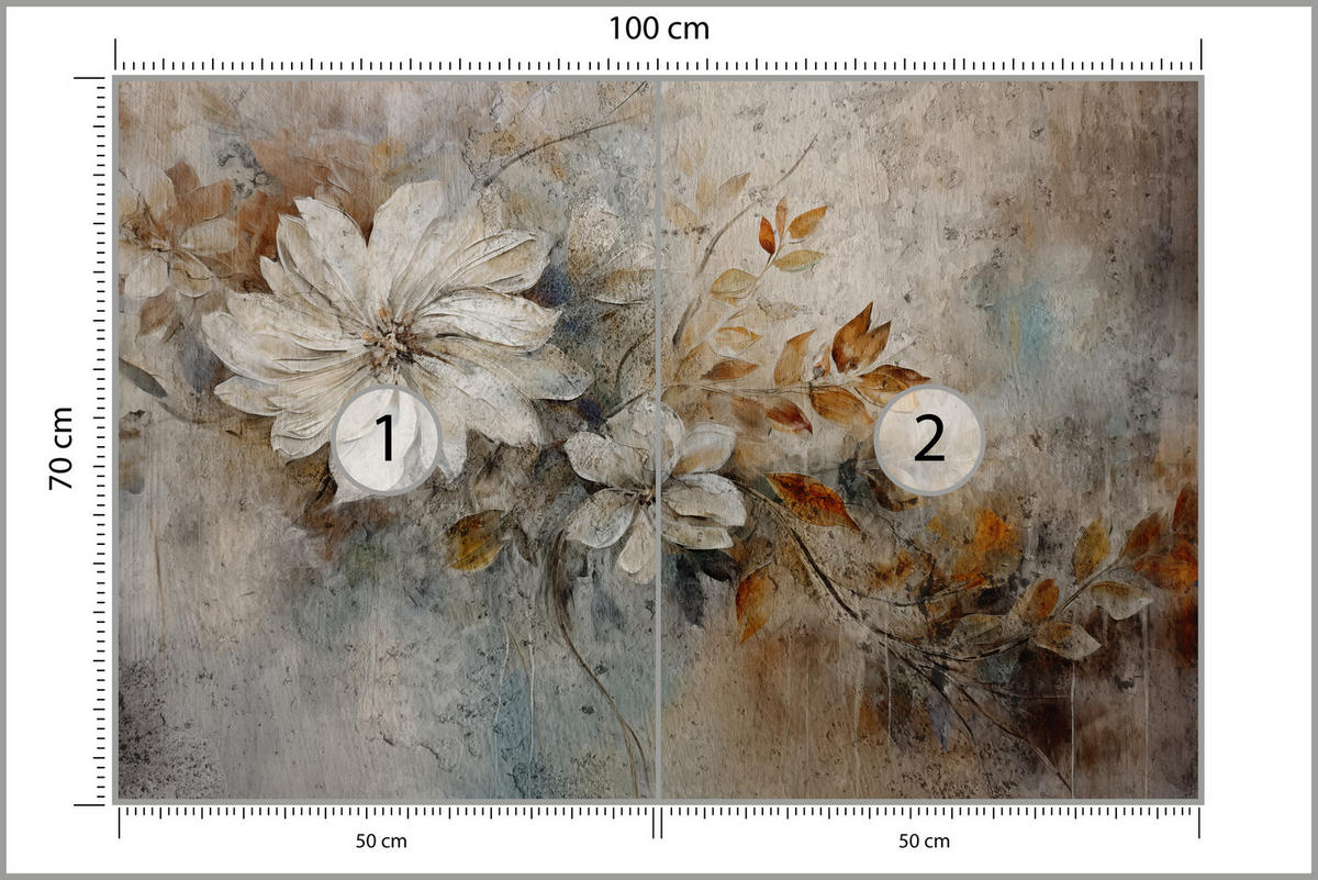 FOTOTAPETA do Obývacího Pokoje Retro Květiny Listy Beton Abstrakce Rostliny 100x70 - různobarevná, papír (100/70cm) - Muralo