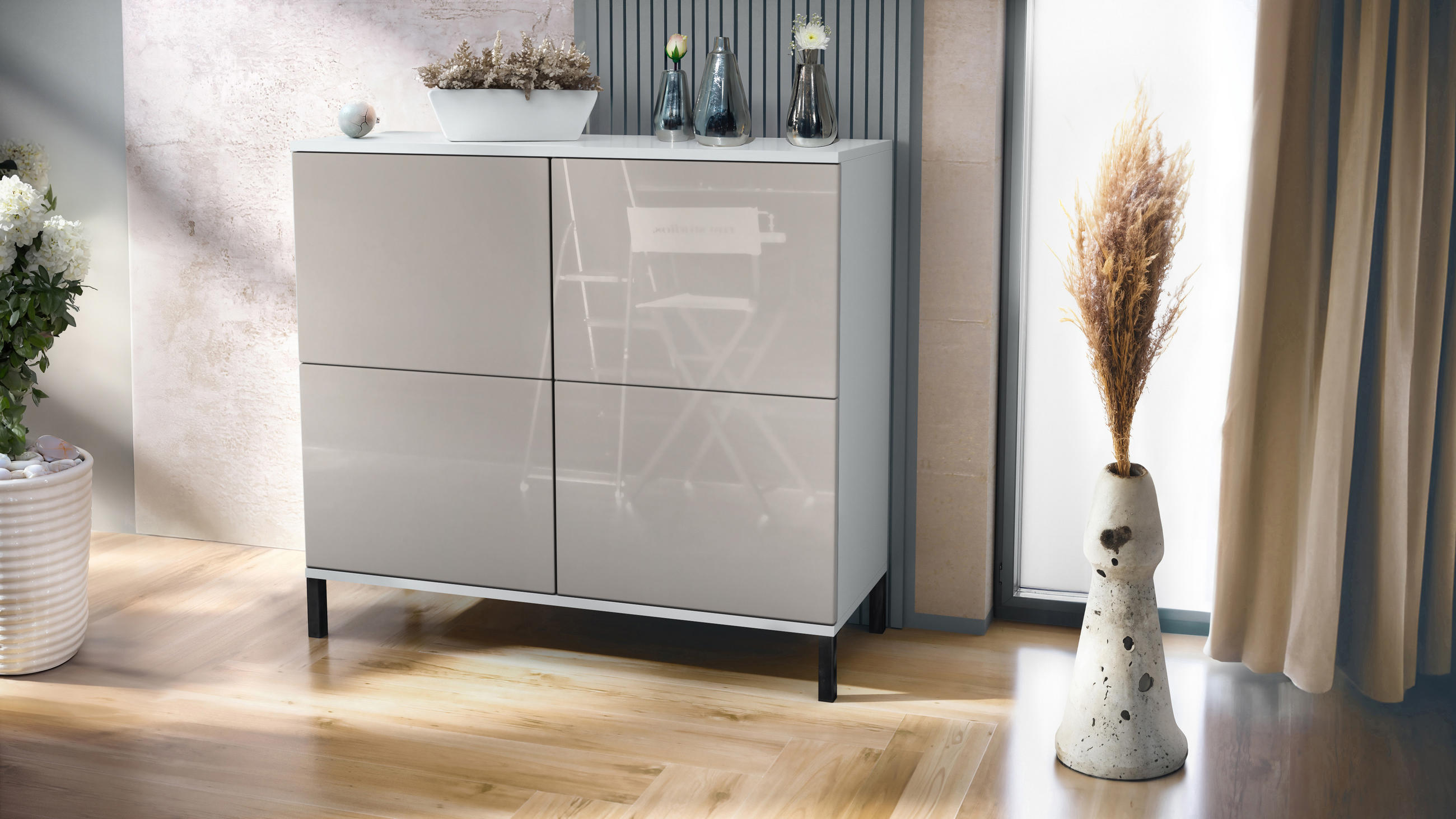 KOMMODE Rova Sandgrau Hochglanz - Sandfarben, Holzwerkstoff (92.5/83.5/35cm) - Vladon