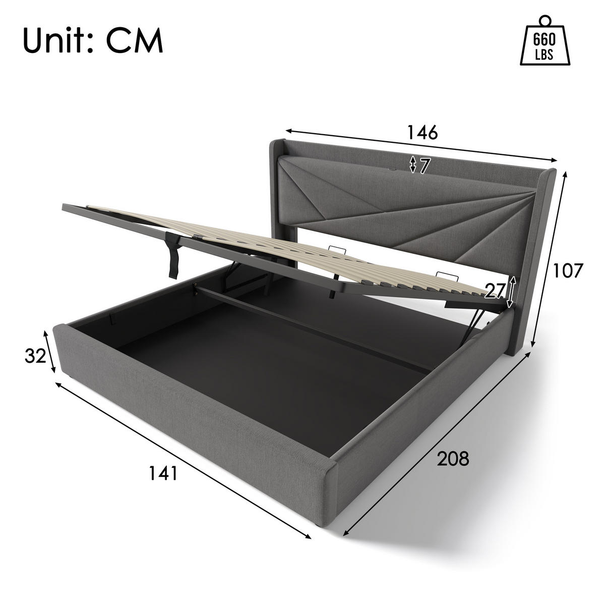 POLSTERBETT mit Bettkasten USB/Typ-C 140x200 cm Grau - Grau, Metall (140/200cm) - Meubliv