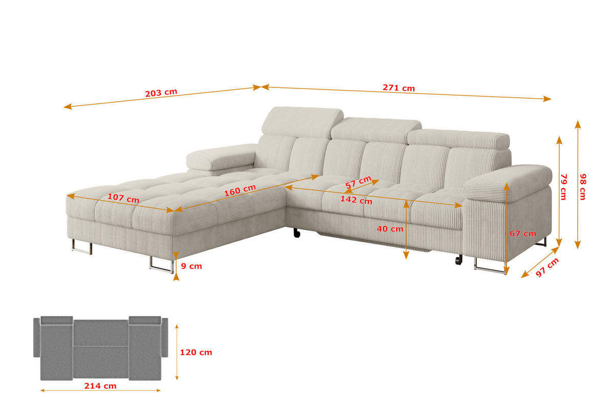 ECKSOFA mit Schlaffunktion Ottomane Links COMA L 271x203x79 Creme Cord - Mokka, Holzwerkstoff/Textil (271/203cm) - ALTDECOR