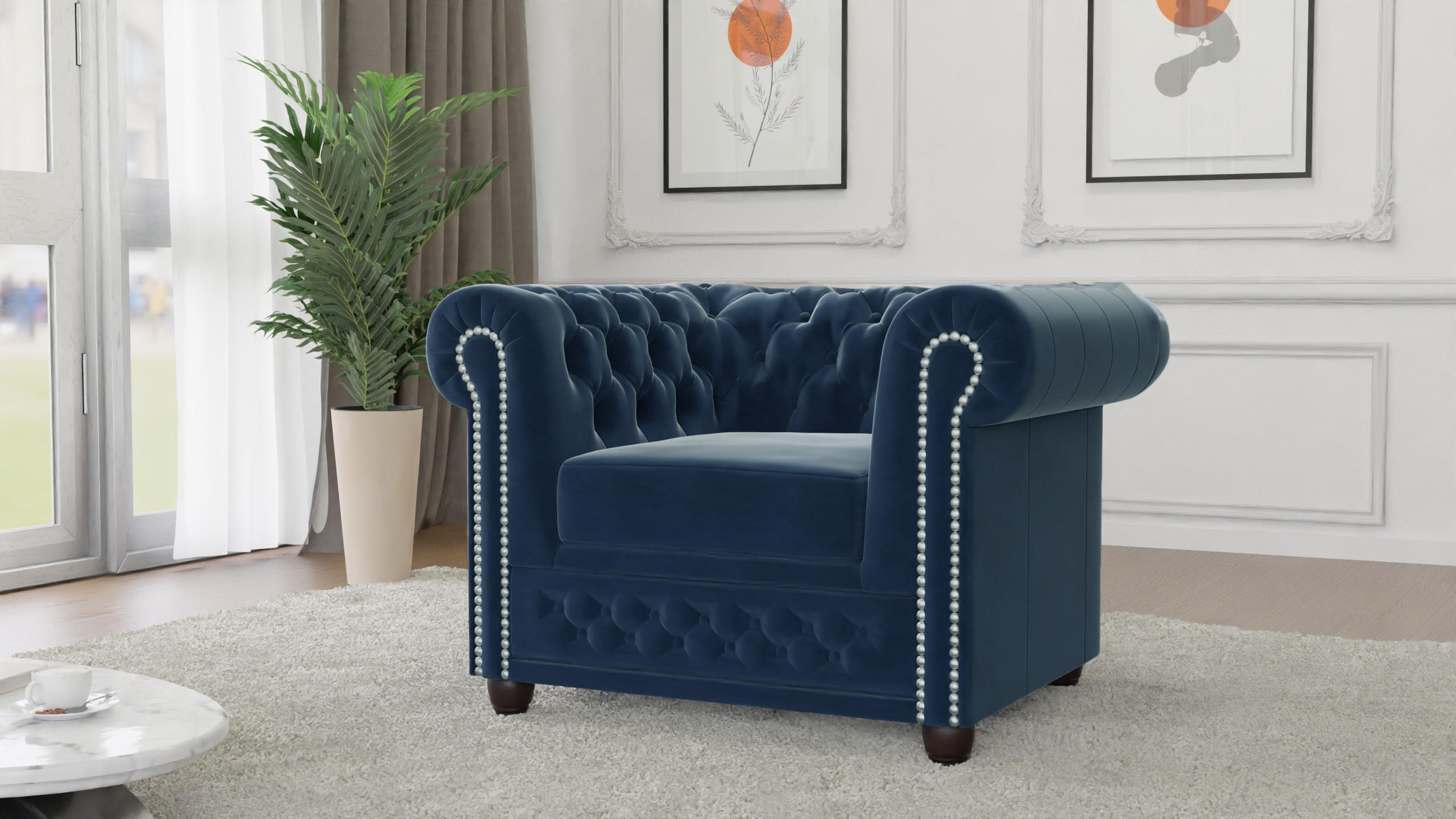 CHESTERFIELD-SESSEL Nyx Marineblau Samt - Dunkelblau/Braun, Holz/Textil (94/72/86cm) - S-Style Möbel
