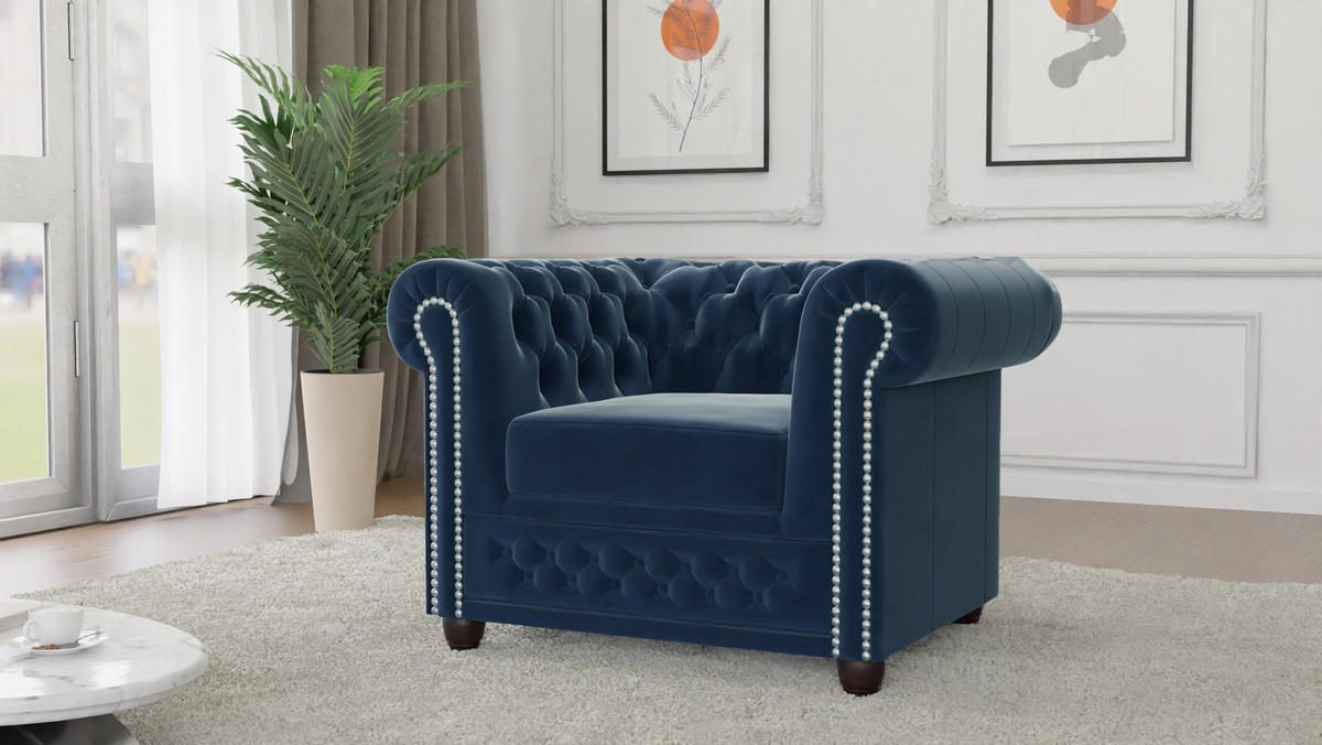 SITZGARNITUR 3+2+1 Chesterfield Nyx Marineblau Samt - Dunkelblau/Braun, Holz/Textil (203/72/86cm) - S-Style Möbel