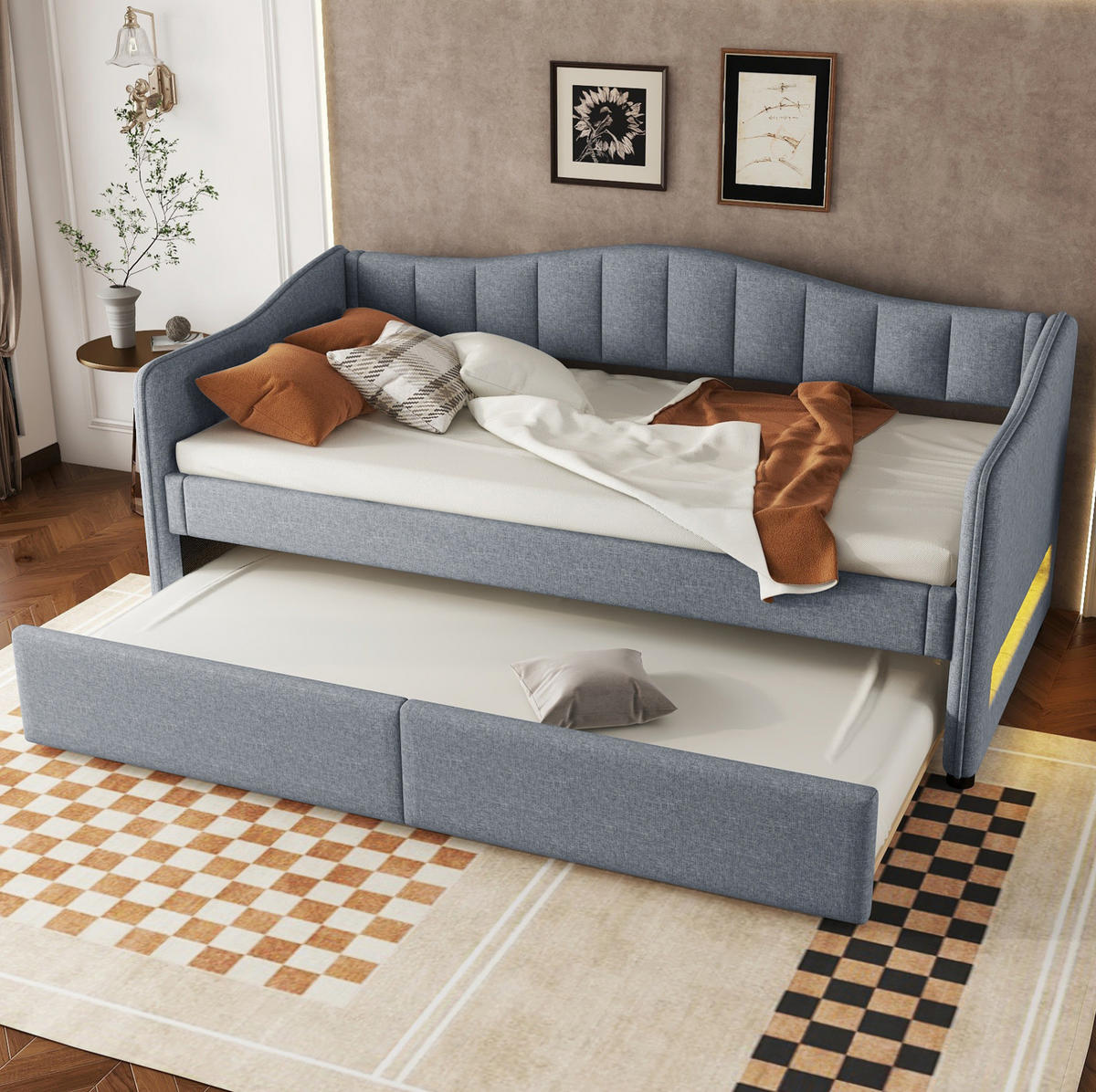 POLSTERBETT 90/200 cm Grau aus Leinen mit ausziehbarem Rollbett - Grau, Textil (90/200cm) - OKMYHOME