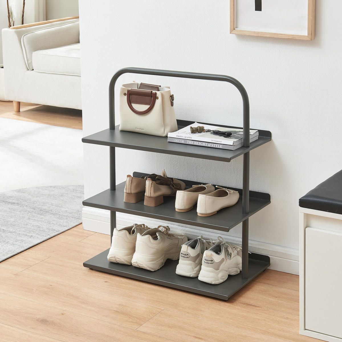 OBUVNÍK Poytya - antracitová, kov (60/73/32cm) - [en.casa]