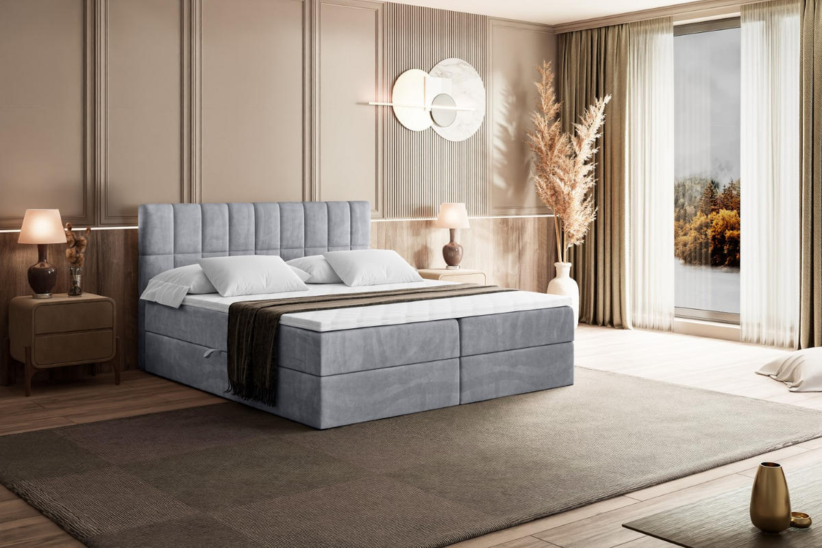 BOXBETT mit Matratze H4 und Lattenrost - MIAMI - 200x200 cm - H4 - Hellgrau - Hellgrau, Holzwerkstoff (200/200cm) - ALTDECOR