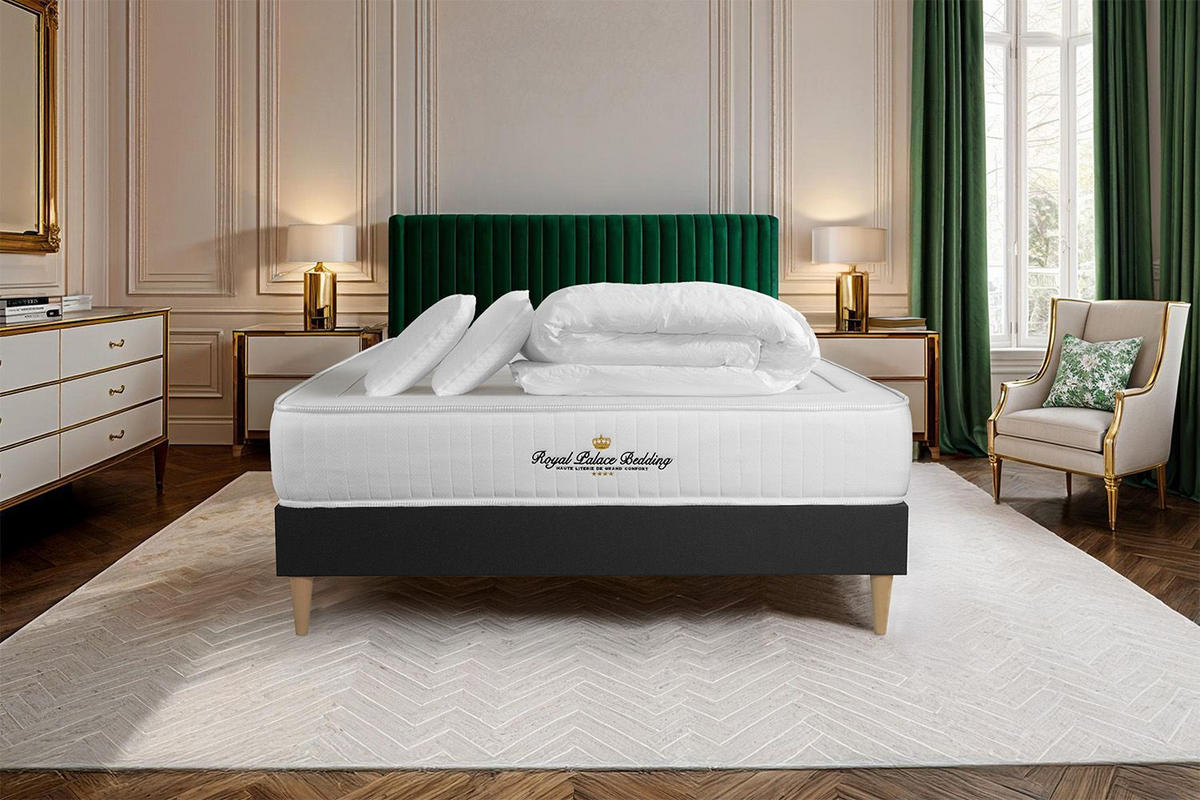 BETT Lancaster Taschenfederkern und Memory-Schaum 200 x 200 cm h3 - Kit Bettgestell Schwarz - Mit Kissen und Bettdecke - Beige/Schwarz, Holz/Textil (200/200cm) - ROYAL PALACE BEDDING