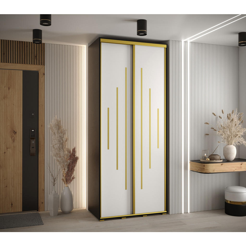 Thumbnail - Abiks Möbel Schwebetürenschrank, Schwarz, Weiß, Gold, Metall, Nachbildung, 6 Fächer, 100x235x60 cm, Schlafzimmer, Kleide...