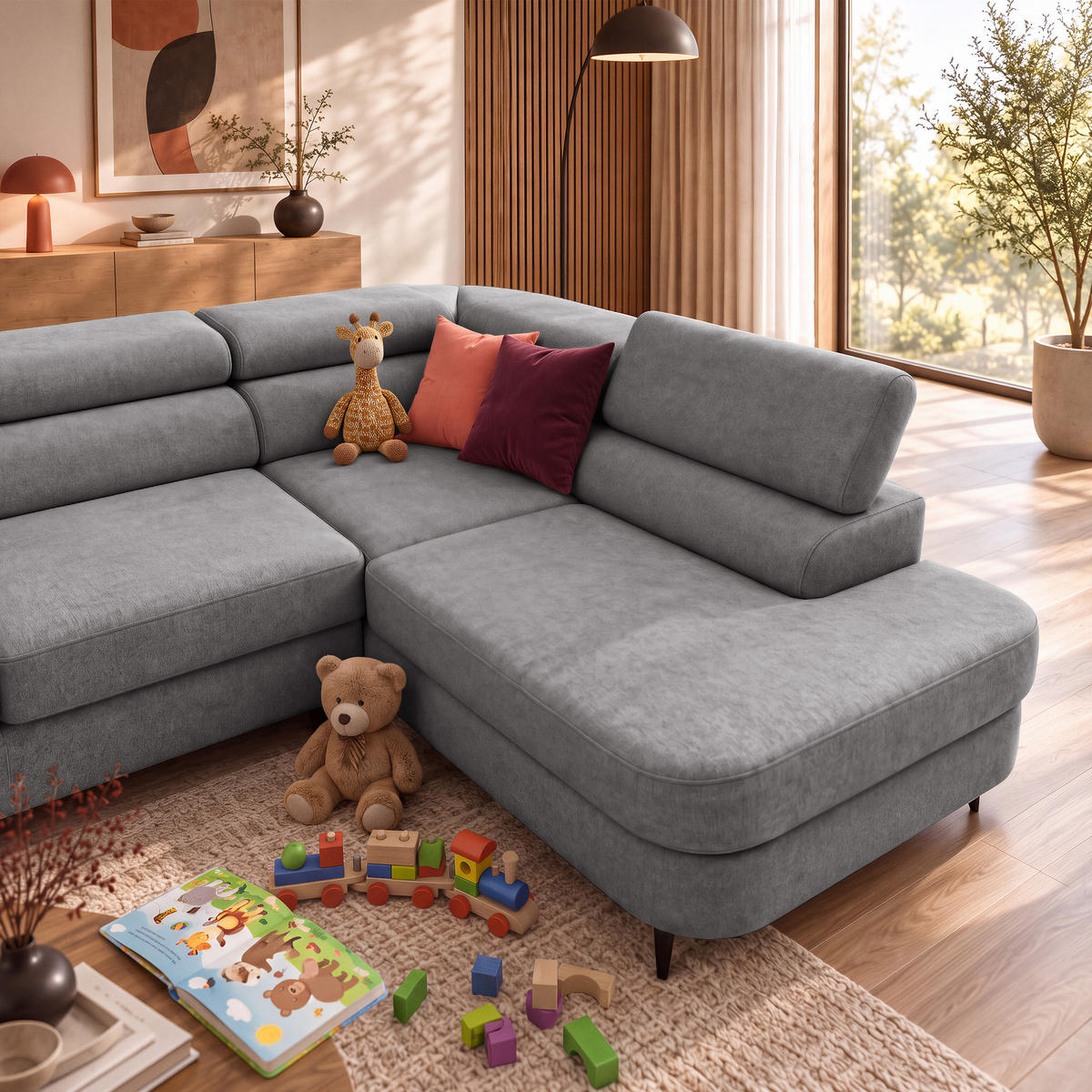 ECKSOFA U-Form PRIAM MAXI U Rechts mit Schlaffunktion 125x317 Velours Grau - Schwarz/Grau, Holz/Textil (400/91/203cm) - Muffo